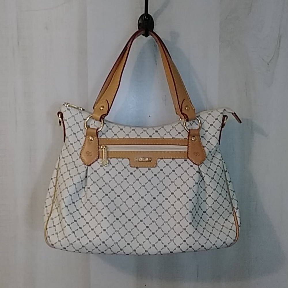 Rioni White Patterned Tote with Tan Trim